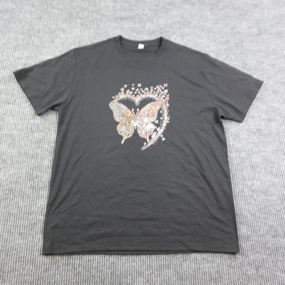 Butterfly Heart Shirt Womens XL Black Rhinestone Graphic Cotton Crewneck Basic